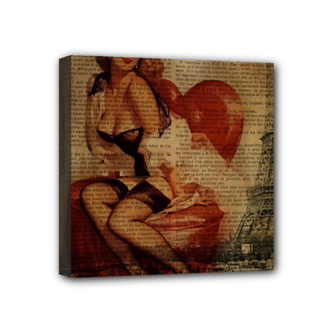 Vintage Newspaper Print Sexy Hot Gil Elvgren Pin Up Girl Paris Eiffel Tower Mini Canvas 4  X 4  (framed) by chicelegantboutique