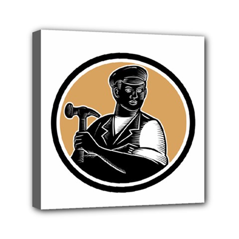 Carpenter Holding Hammer Woodcut Mini Canvas 6  X 6  (framed) by retrovectors