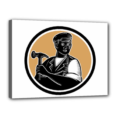 Carpenter Holding Hammer Woodcut Canvas 16  X 12  (framed) by retrovectors
