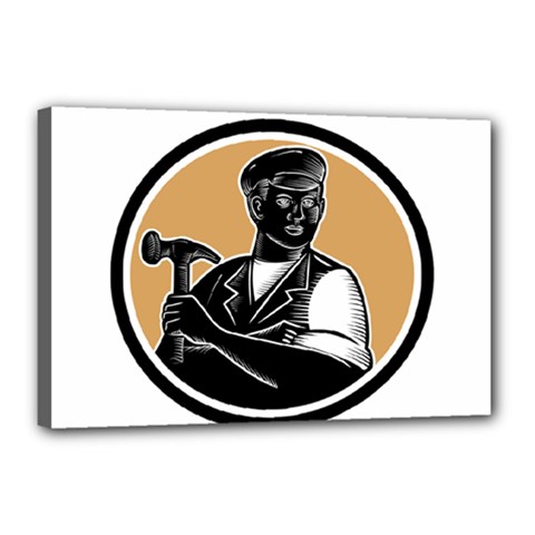 Carpenter Holding Hammer Woodcut Canvas 18  X 12  (framed) by retrovectors