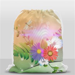 Wonderful Colorful Flowers With Dragonflies Drawstring Bag (small) by FantasyWorld7