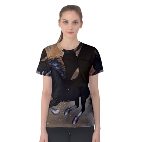 Awesome Dark Unicorn With Clouds Women s Cotton Tees by FantasyWorld7