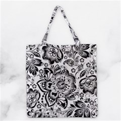 Black Floral Damasks Pattern Baroque Style Grocery Tote Bags by Dushan