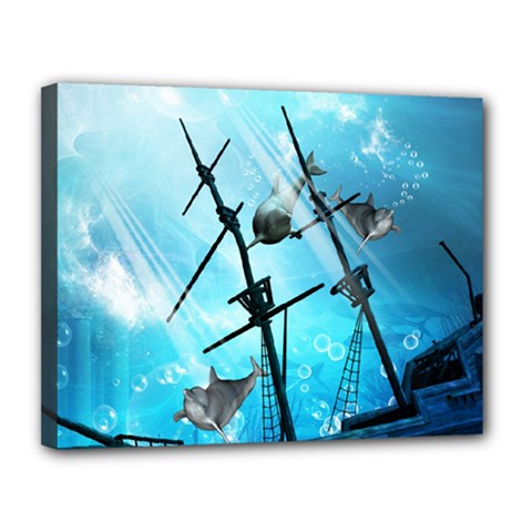 Underwater World With Shipwreck And Dolphin Canvas 14  X 11  by FantasyWorld7