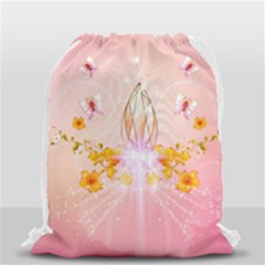 Wonderful Flowers With Butterflies And Diamond In Soft Pink Colors Drawstring Bag (small) by FantasyWorld7