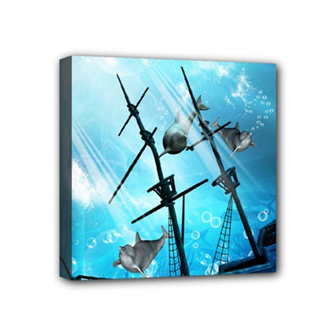 Awesome Ship Wreck With Dolphin And Light Effects Mini Canvas 4  X 4  by FantasyWorld7