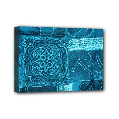 Blue Patchwork Mini Canvas 7  X 5  by trendistuff