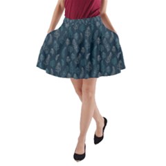 Whimsical Feather Pattern, Midnight Blue, A-line Pocket Skirt by Zandiepants