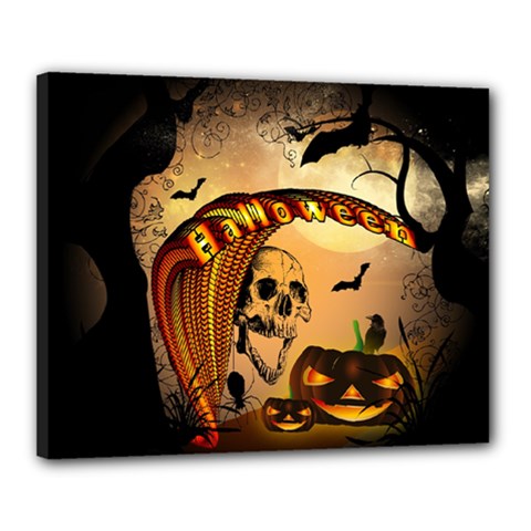 Halloween, Funny Pumpkin With Skull And Spider In The Night Canvas 20  X 16  by FantasyWorld7