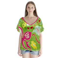 Green Organic Abstract V-neck Flutter Sleeve Top by DanaeStudio