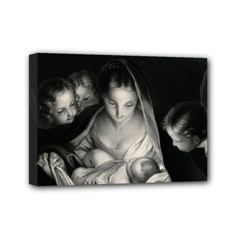 Nativity Scene Birth Of Jesus With Virgin Mary And Angels Black And White Litograph Mini Canvas 7  X 5  by yoursparklingshop