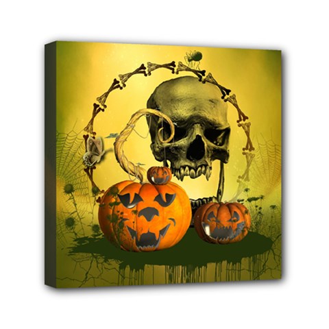 Halloween, Funny Pumpkins And Skull With Spider Mini Canvas 6  X 6  by FantasyWorld7