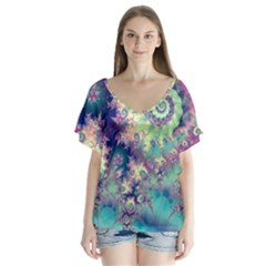 Violet Teal Sea Shells, Abstract Underwater Forest (purple Sea Horse, Abstract Ocean Waves  Flutter Sleeve Top by DianeClancy