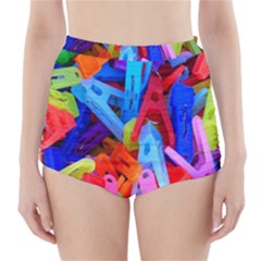Clothespins Colorful Laundry Jam Pattern High-waisted Bikini Bottoms by Nexatart