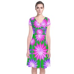 Stars Patterns Christmas Background Seamless Short Sleeve Front Wrap Dress by Nexatart