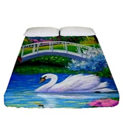 Swan Bird Spring Flowers Trees Lake Pond Landscape Original Aceo Painting Art Fitted Sheet (queen Size) by Amaryn4rt
