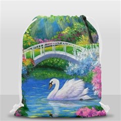 Swan Bird Spring Flowers Trees Lake Pond Landscape Original Aceo Painting Art Drawstring Bag (small) by Amaryn4rt