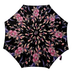 Neon Flowers Black Background Hook Handle Umbrellas (medium) by Simbadda
