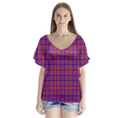 Pattern Plaid Geometric Red Blue Flutter Sleeve Top by Simbadda