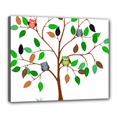 Tree Root Leaves Owls Green Brown Canvas 20  X 16  by Simbadda