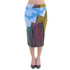 Brightly Colored Dressing Huts Velvet Midi Pencil Skirt by Nexatart