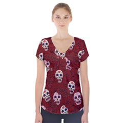 Funny Skull Rosebed Short Sleeve Front Detail Top by designworld65