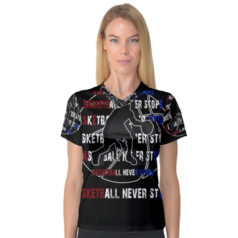 Basketball Never Stops Women s V-neck Sport Mesh Tee by Valentinaart