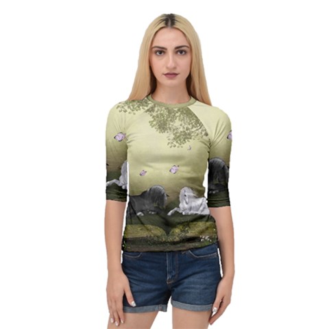 Wonderful Whte Unicorn With Black Horse Quarter Sleeve Tee by FantasyWorld7