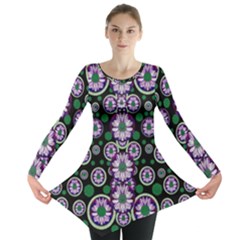 Fantasy Flower Forest  In Peacock Jungle Wood Long Sleeve Tunic  by pepitasart