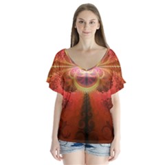 Liquid Sunset, A Beautiful Fractal Burst Of Fiery Colors Flutter Sleeve Top by jayaprime