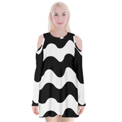Lokki Cotton White Black Waves Velvet Long Sleeve Shoulder Cutout Dress by Mariart