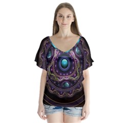 Beautiful Turquoise And Amethyst Fractal Jewelry Flutter Sleeve Top by jayaprime