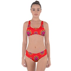 Rainbow Colors Geometric Circles Seamless Pattern On Red Background Criss Cross Bikini Set by BangZart
