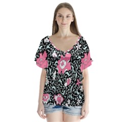 Oriental Style Floral Pattern Background Wallpaper Flutter Sleeve Top by BangZart