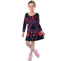 Fractal Red Violet Symmetric Spheres On Black Kids  Long Sleeve Velvet Dress by BangZart