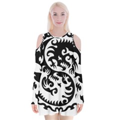 Ying Yang Tattoo Velvet Long Sleeve Shoulder Cutout Dress by BangZart