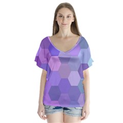 Purple Hexagon Background Cell V-neck Flutter Sleeve Top by Nexatart