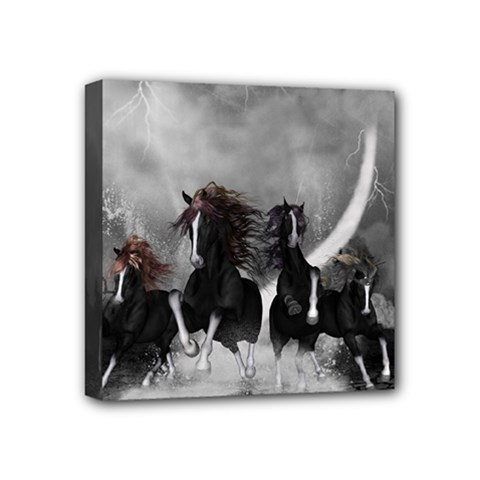 Awesome Wild Black Horses Running In The Night Mini Canvas 4  X 4  by FantasyWorld7