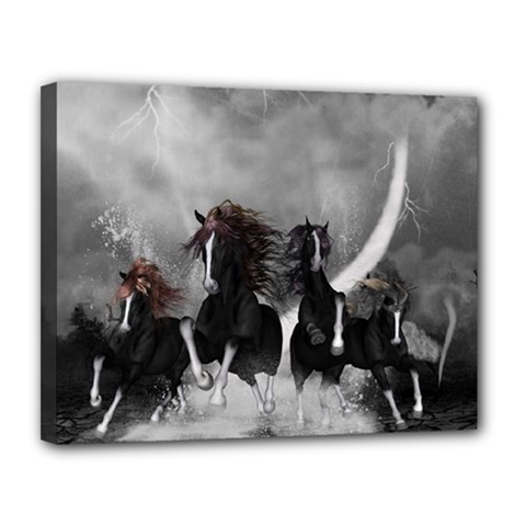Awesome Wild Black Horses Running In The Night Canvas 14  X 11  by FantasyWorld7