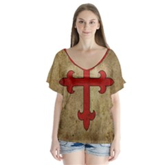 Crusader Cross V-neck Flutter Sleeve Top by Valentinaart