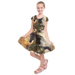 Steampunk, Wonderful Steampunk Horse With Clocks And Gears, Golden Design Kids  Short Sleeve Dress by FantasyWorld7