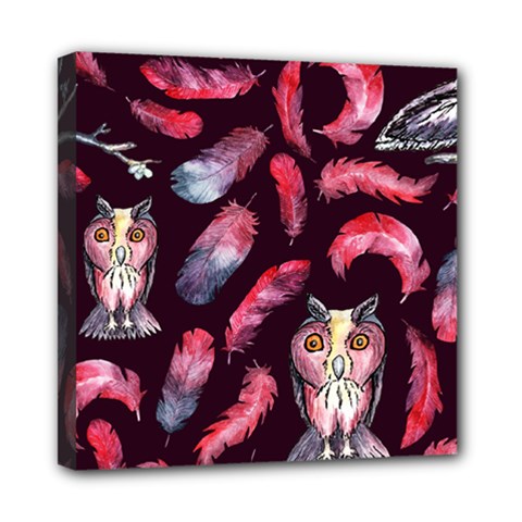 Boho Owl And Feather Pattern Mini Canvas 8  X 8  by paulaoliveiradesign