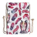 Boho Owl and Feather White Pattern Drawstring Bag (Large) View1