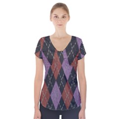 Knit Geometric Plaid Fabric Pattern Short Sleeve Front Detail Top by paulaoliveiradesign