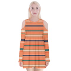 Horizontal Line Orange Velvet Long Sleeve Shoulder Cutout Dress by Mariart