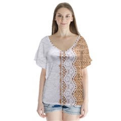 Parchement,lace And Burlap V-neck Flutter Sleeve Top by NouveauDesign