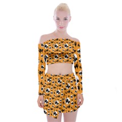 Pattern Halloween Black Cat Hissing Off Shoulder Top With Skirt Set by iCreate