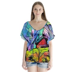 Magic Cube Abstract Art V-neck Flutter Sleeve Top by NouveauDesign