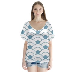 Art Deco,shell Pattern,teal,white V-neck Flutter Sleeve Top by NouveauDesign