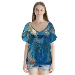 Ocean Blue Gold Marble V-neck Flutter Sleeve Top by NouveauDesign
